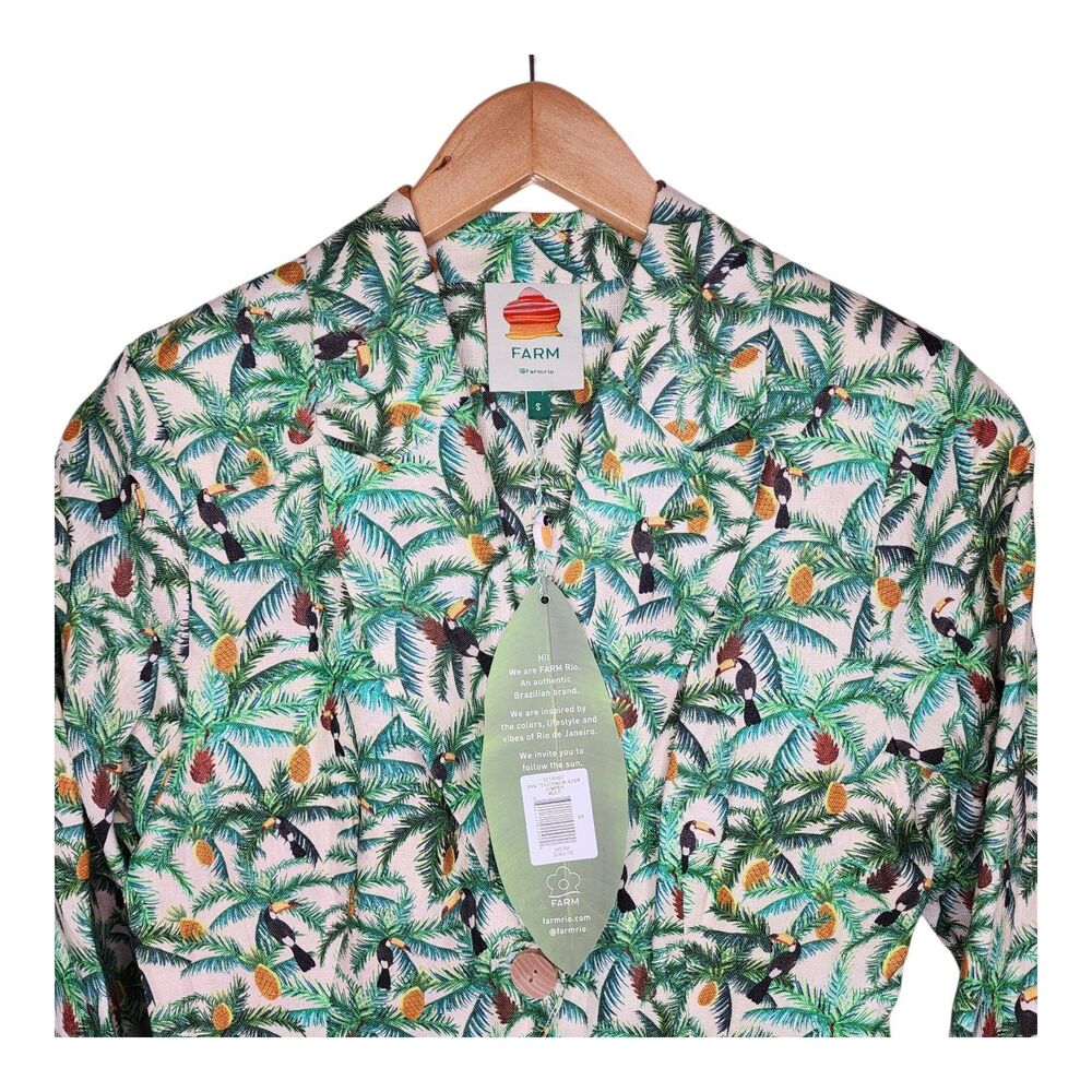 Farm Rio Tropical Toucans 100% Linen Blazer Jumpsuit Small Coastal Vacation NEW - Picture 3 of 16
